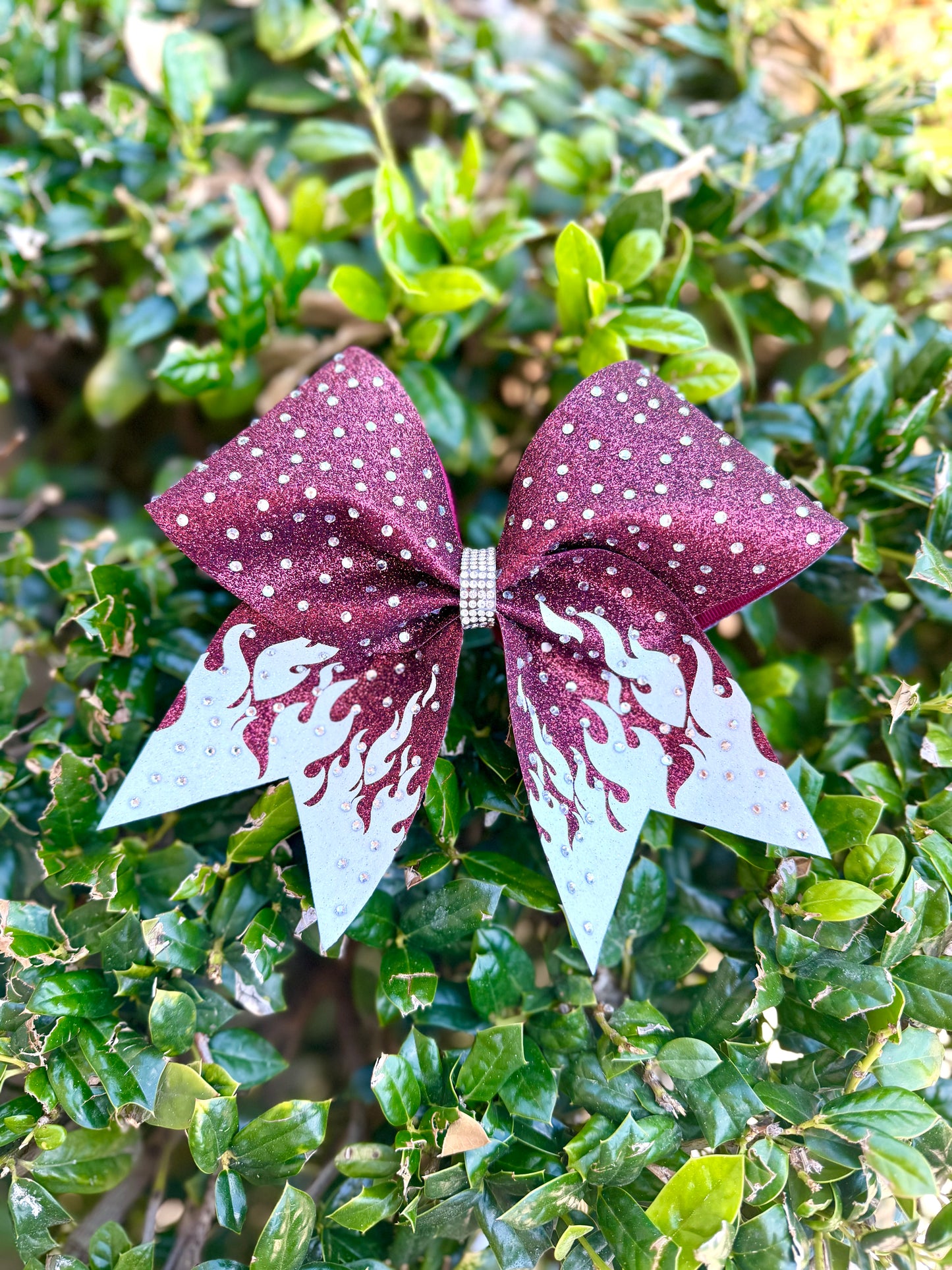 Flames: Maroon and White Rhinestone Cheer Bow