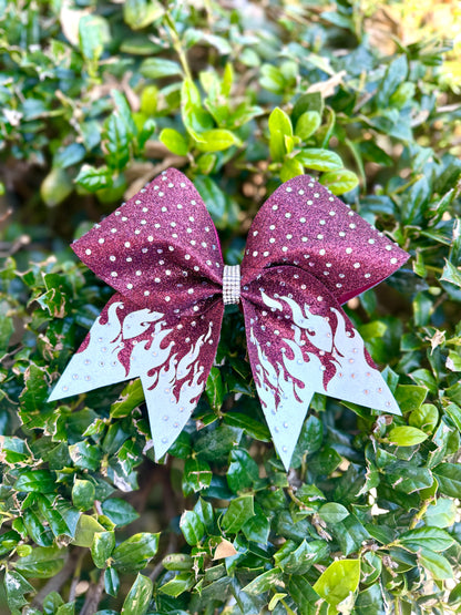 Flames: Maroon and White Rhinestone Cheer Bow