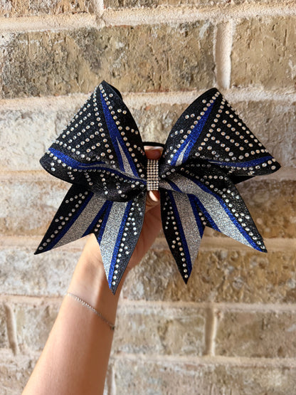 Vada Bow: Black, Royal and Silver Rhinestone Cheer Bow (In Stock)