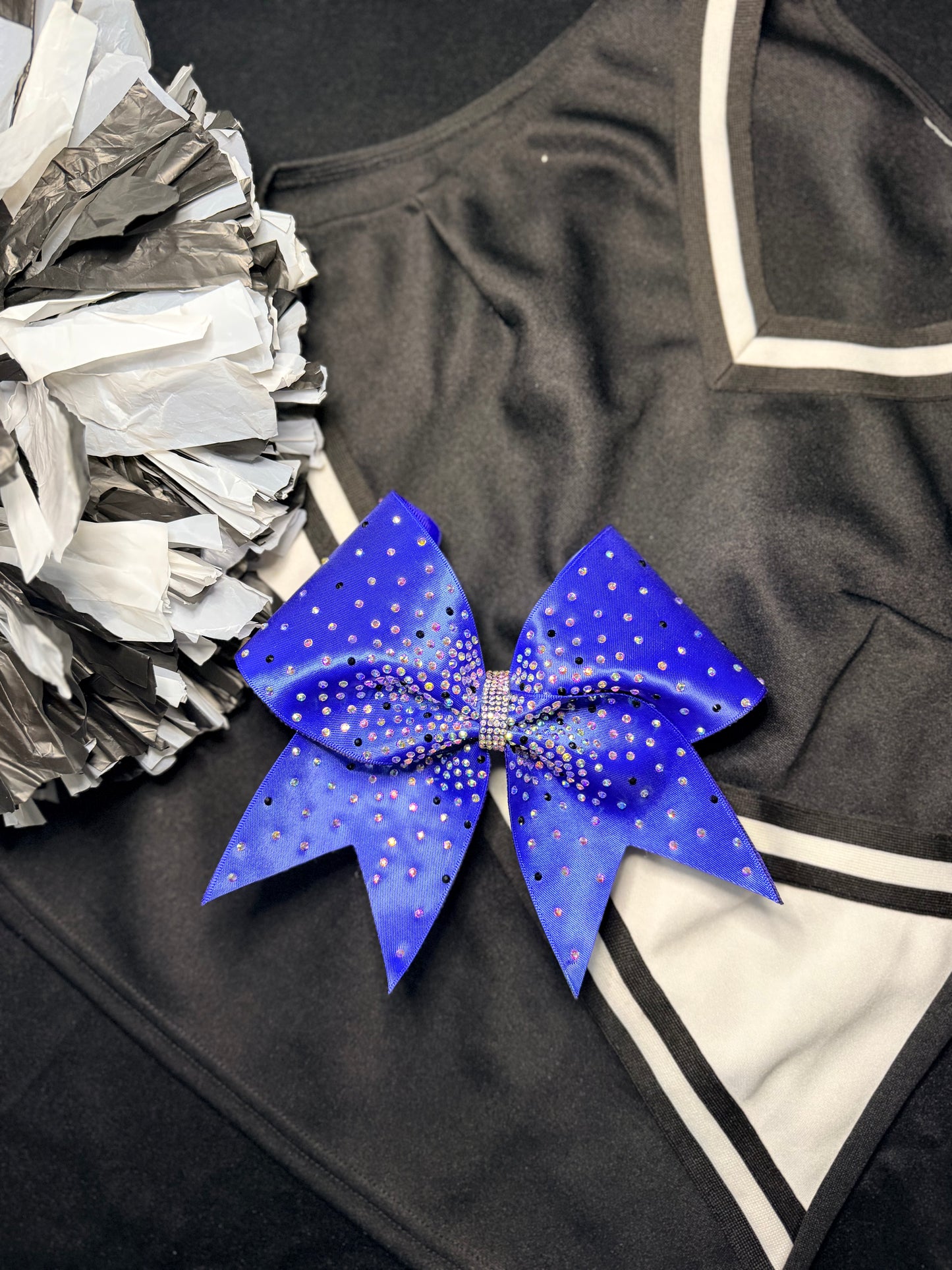 Radiant Spark Rhinestone Cheer Bow – Royal Blue Satin