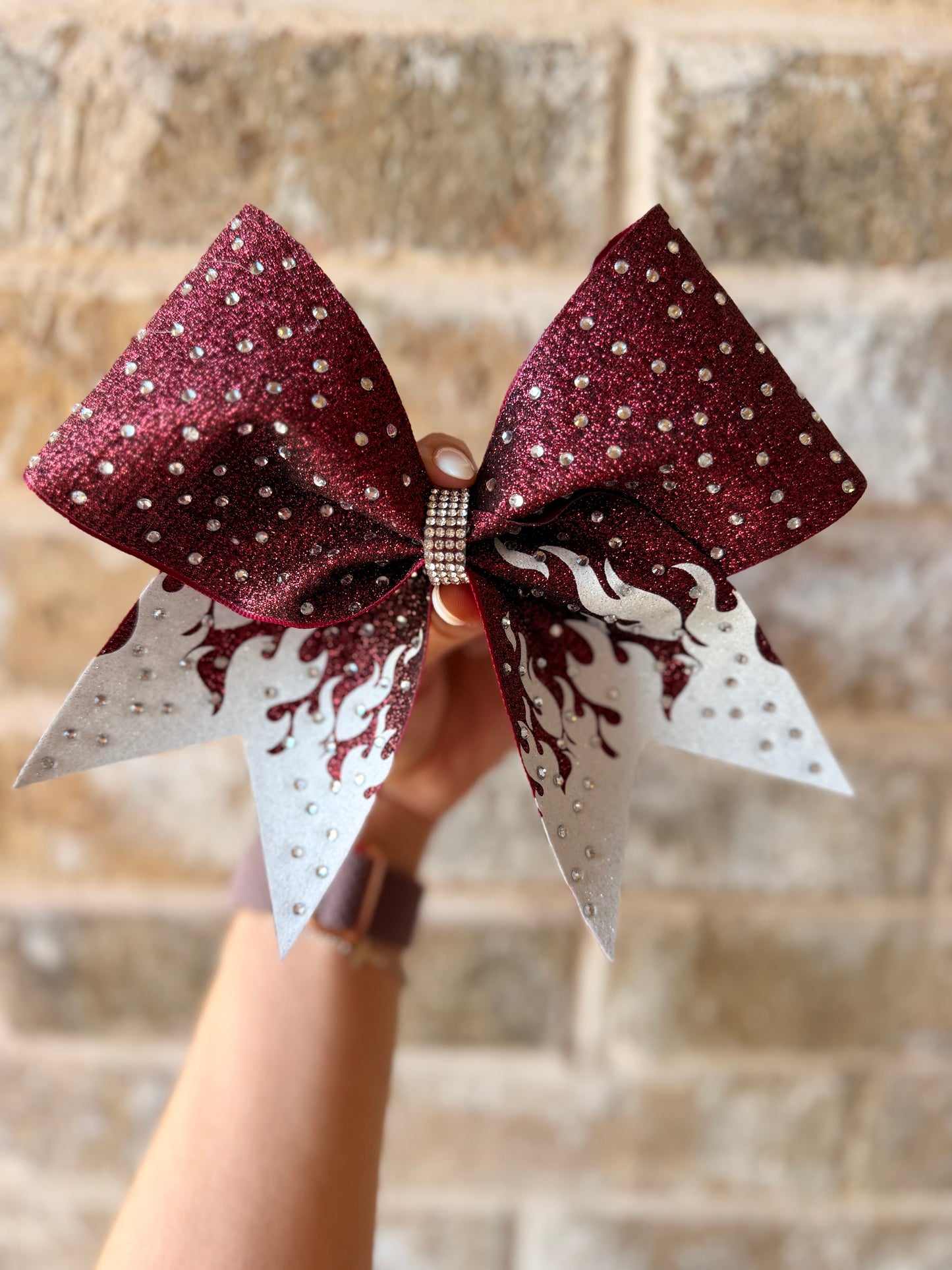 Flames: Maroon and White Rhinestone Cheer Bow