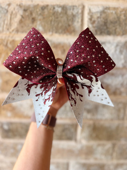 Flames: Maroon and White Rhinestone Cheer Bow