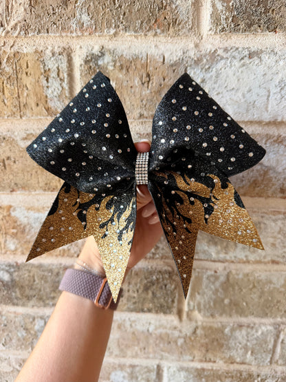 Flames: Black and Gold Rhinestone Cheer Bow