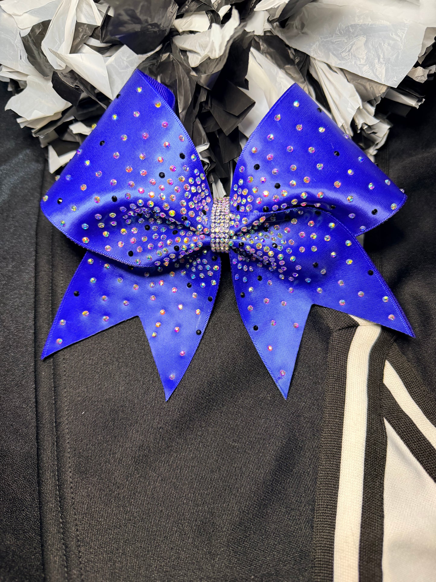 Radiant Spark Rhinestone Cheer Bow – Royal Blue Satin