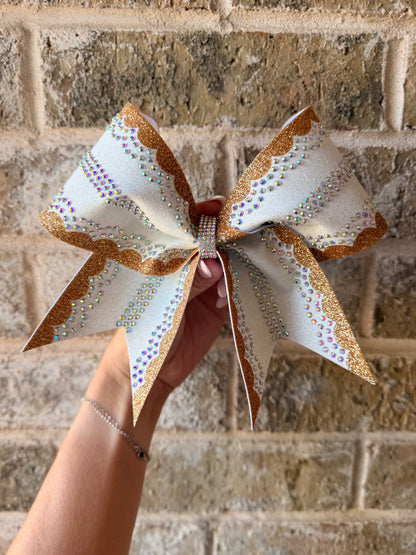 Lauren Bow: White and Gold Rhinestone Cheer Bow (In Stock)