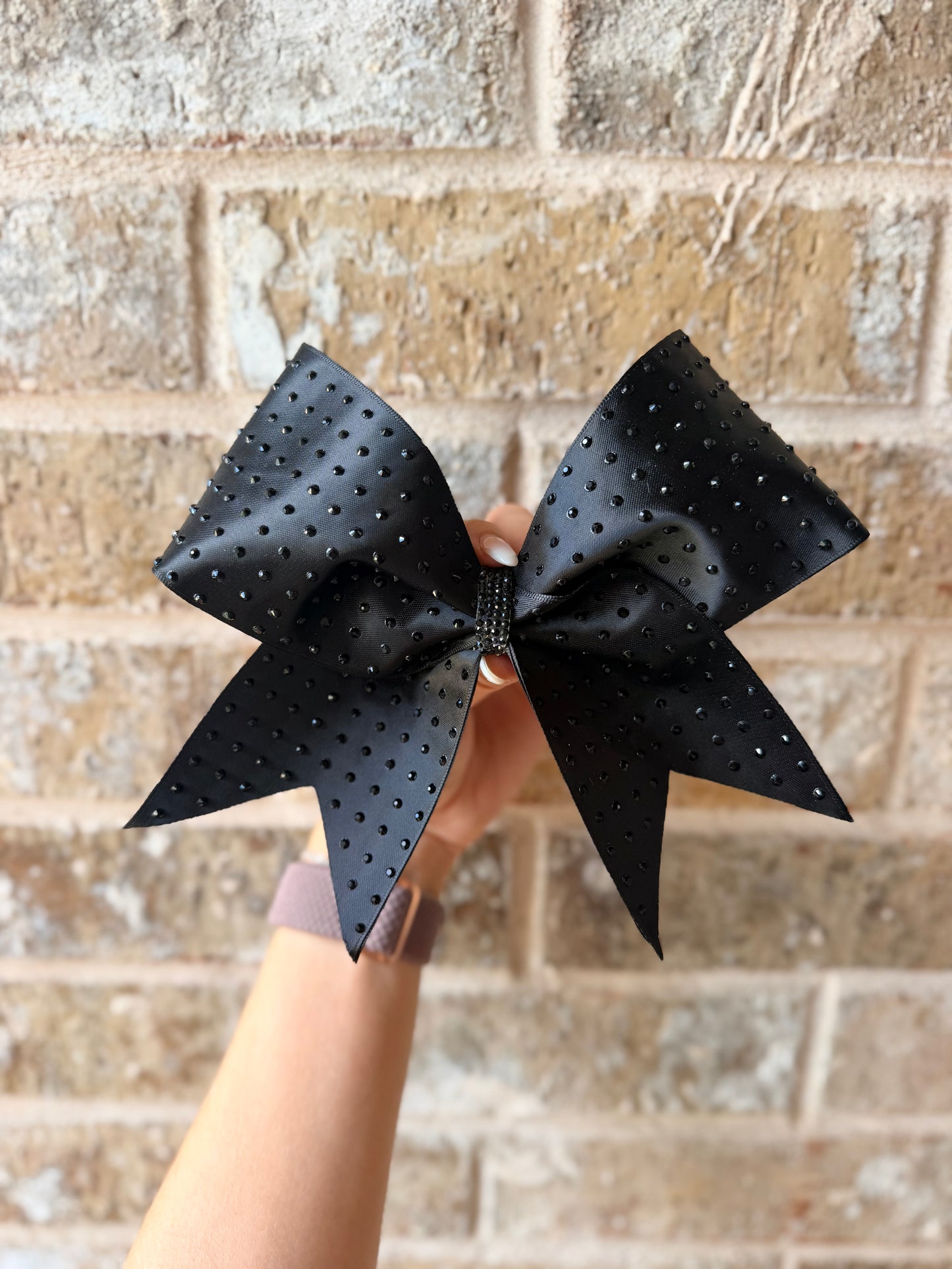 Nora Bow: Black on Black Satin Rhinestone Cheer Bow
