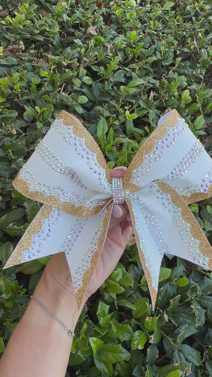 Lauren Bow: White and Gold Rhinestone Cheer Bow (In Stock)