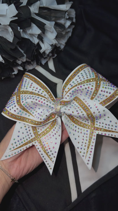 Marley Bow: White and Gold Rhinestone Cheer Bow