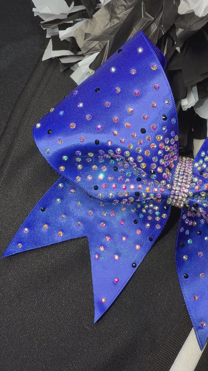 Radiant Spark Rhinestone Cheer Bow – Royal Blue Satin