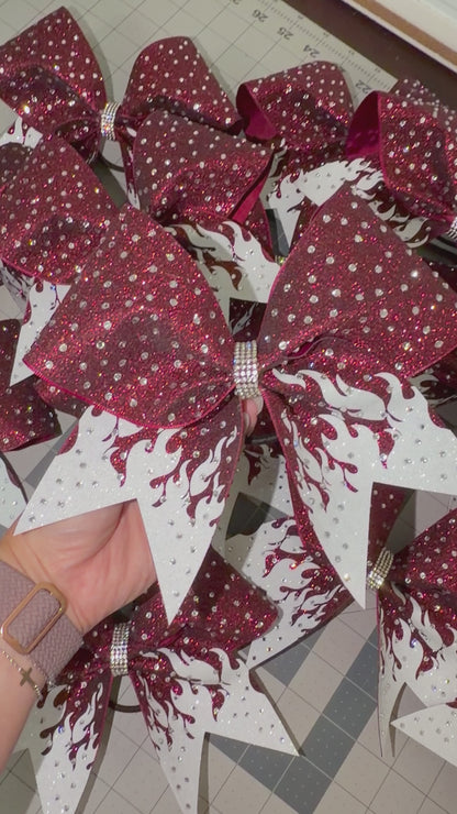 Flames: Maroon and White Rhinestone Cheer Bow